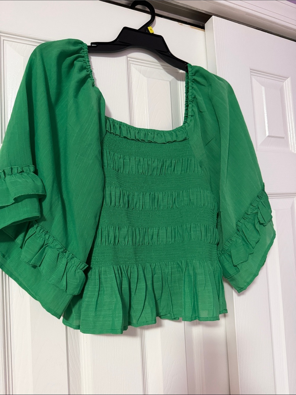 Green Smocked Ruffle Crop Top with Square Neck